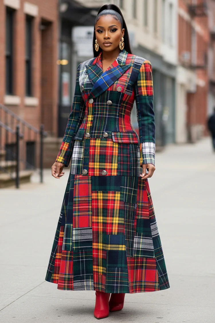 Plaid Patchwork Peak Lapel Collar Double Breasted Long Coat-Red [Pre Order]