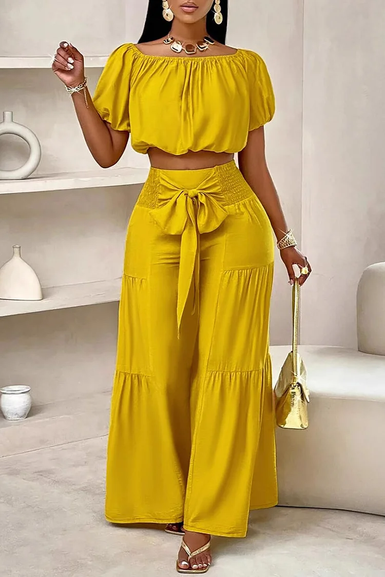 Solid Color Puff Sleeve Crop Top Tie Up Wide Leg Pants 2pcs Set-Yellow