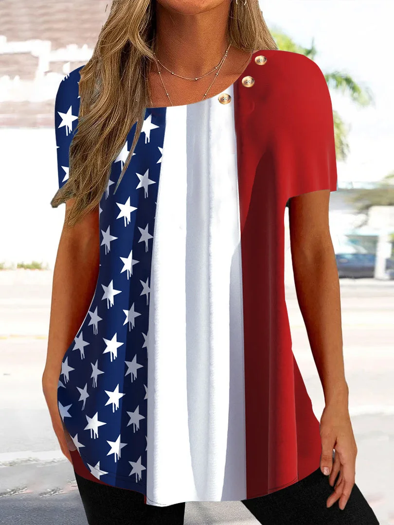 Women's Short Sleeve Scoop Neck Colorblock Graphic National Flag Buttons Tops