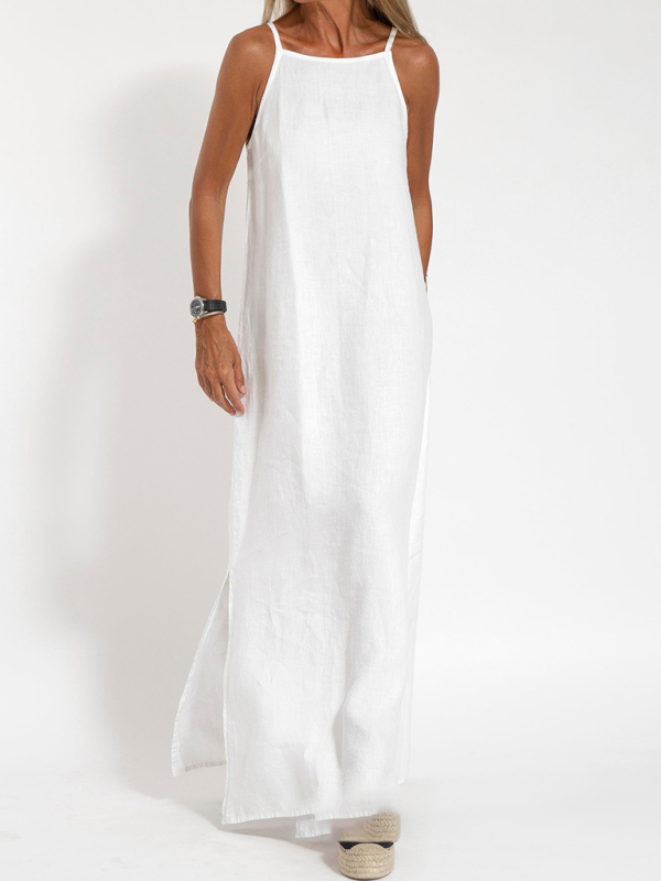 Mature Women New Fashion Casual Cotton And Linen Slit Suspender Maxi Dress