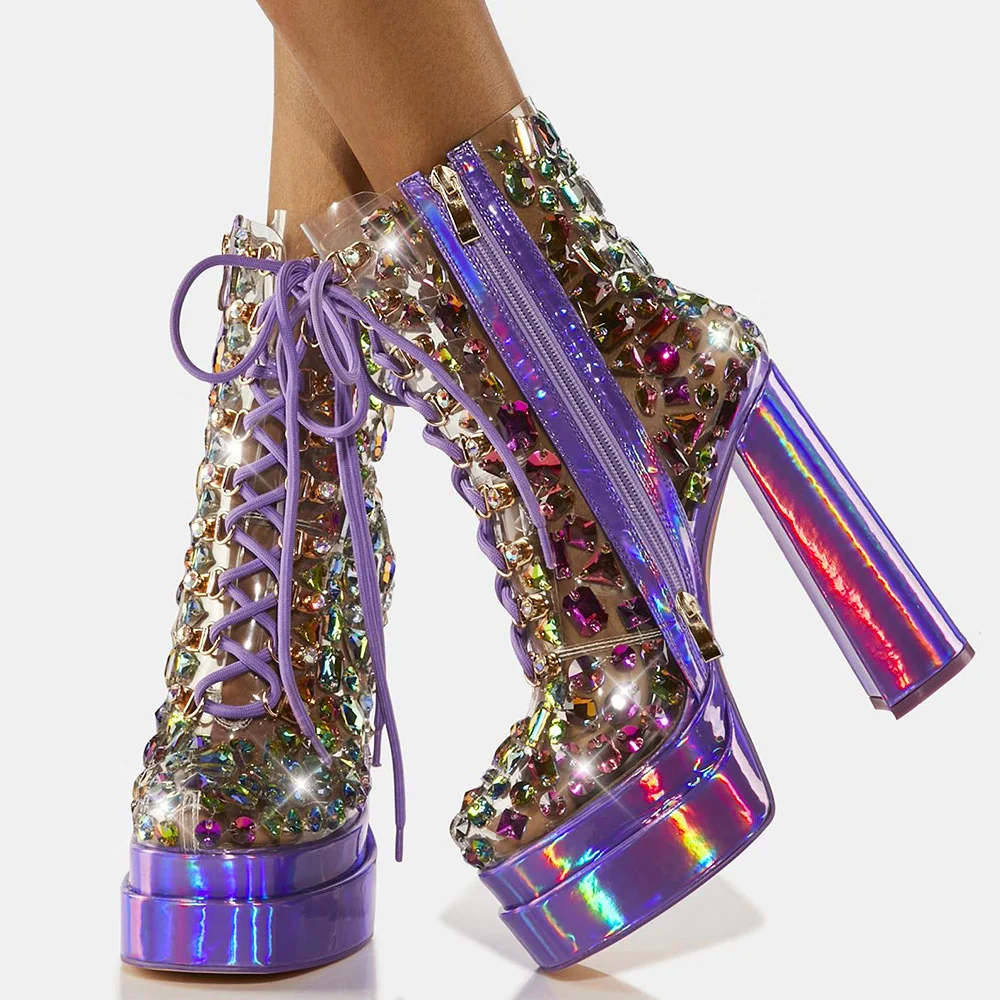 Purple Square Toe Platform Boots Clear Diamond Lace Up Ankle Boots