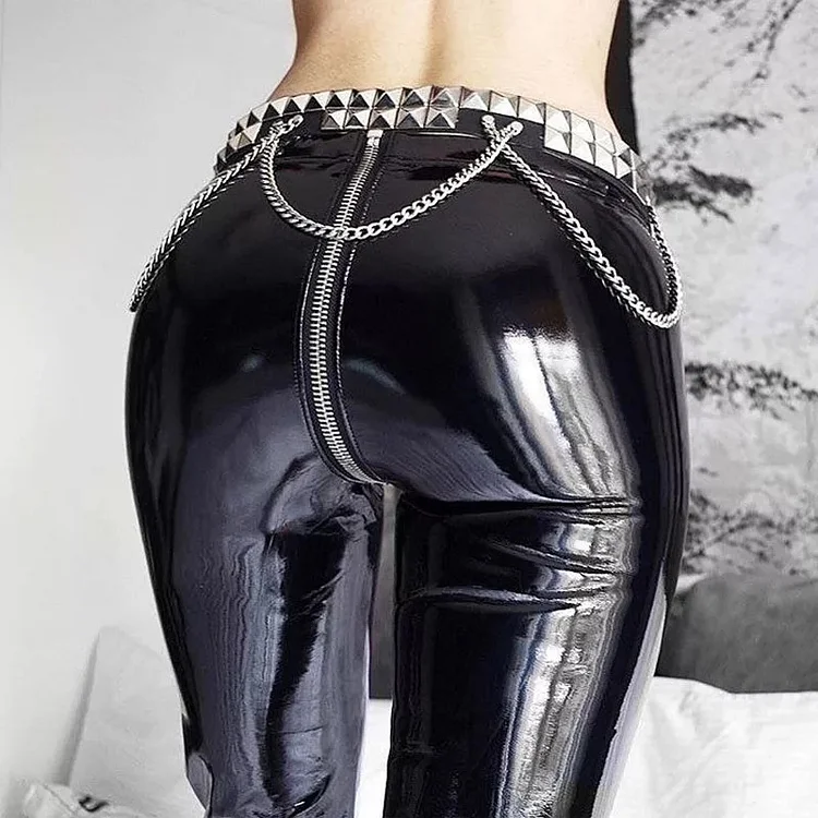 Pole Dancing Patent Leather Zipper Open Crotch Trousers Plus Size Sexy Tight Nightclub Performance Leather Pants Wholesale