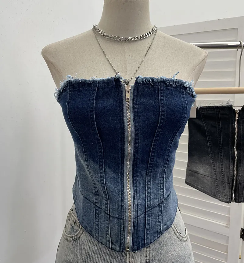 Nigikala Nigikala Shooting 2025 Spring And Summer New Trend Hair Edge Gradient Design Brush Denim Zipper Shirt Vest 2701