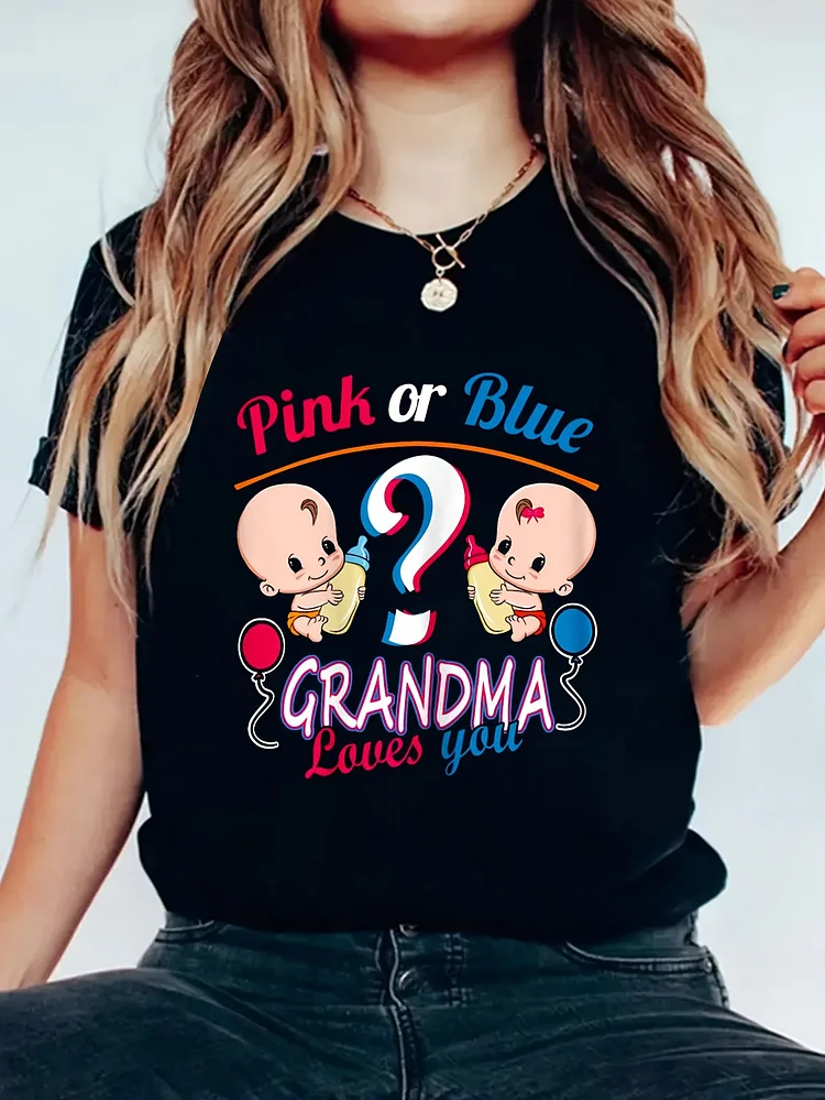 Women's Soft Short Sleeve T-Shirt- Pink Or Blue 'grandma Loves You' Gender Reveal Baptism Shirt, Casual Round Neck Summer Top, Machine Washable Comfortable Fit, Maternity Wear, Suitable For Festive Occasions, Cute Cartoon Pattern, Durable Printed Qu
