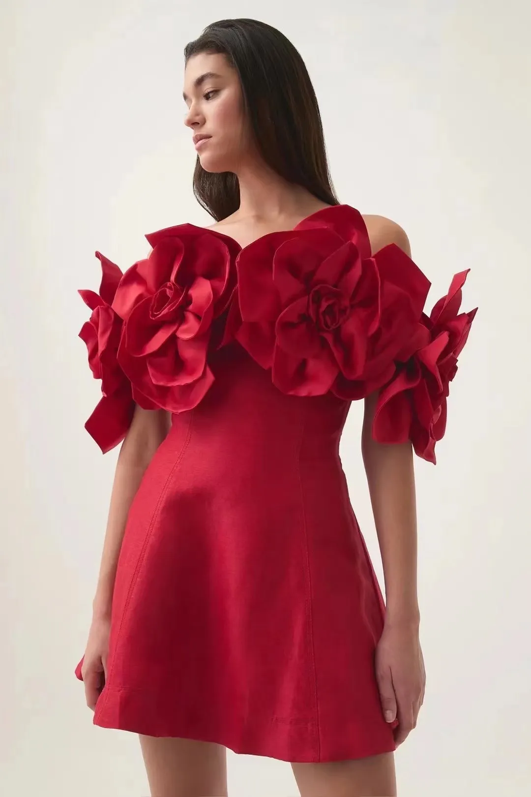 Brownm Princess Wind High-Level Ocean Party Hand Three-Dimensional Large Flowers Shoulder-To-Shoulder Chest Waist Dress Cotton Lints