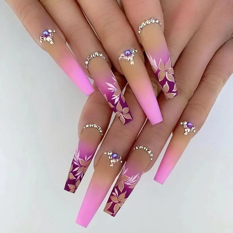 Churchf Blossoms Wearable Nail Art Long Ballet Green False Nails Fashion Detachable Finished Fake Nails Press on Nails with Glue-Nail Inspo