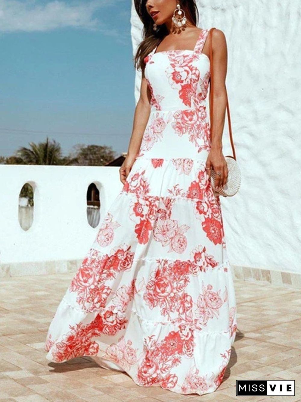 U-neck Sleeveless Print Maxi Dress P16105
