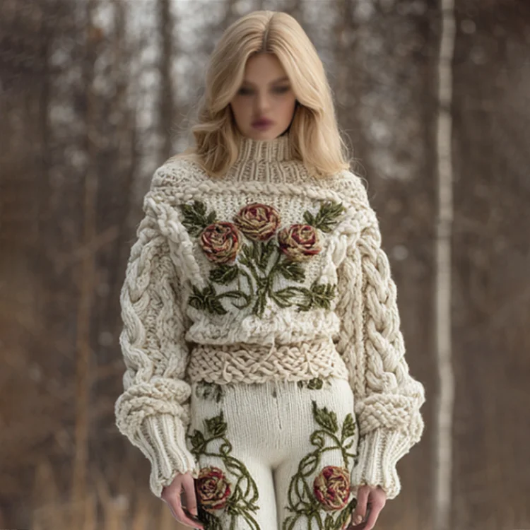 Viking Style Three-dimensional Rose Embroidery High Neck Sweater