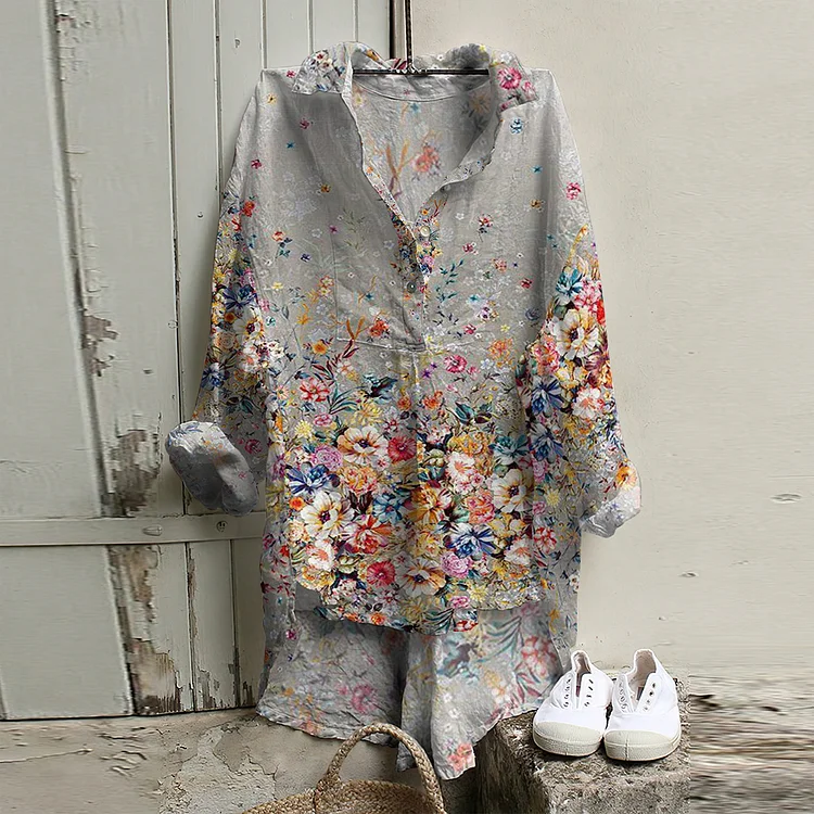 Utbros Casual Botanical Floral Linen Blouse