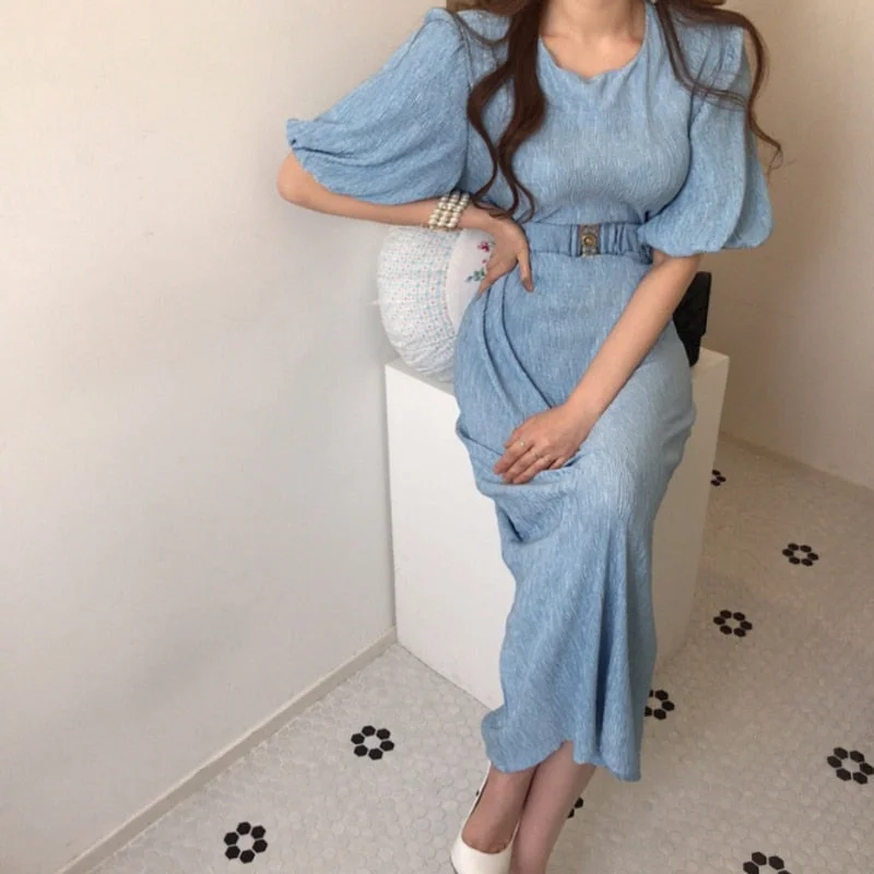 Women Summer Office Lady Solid Dress Women Puff Sleeve Midi Slim Elegant Female Dress