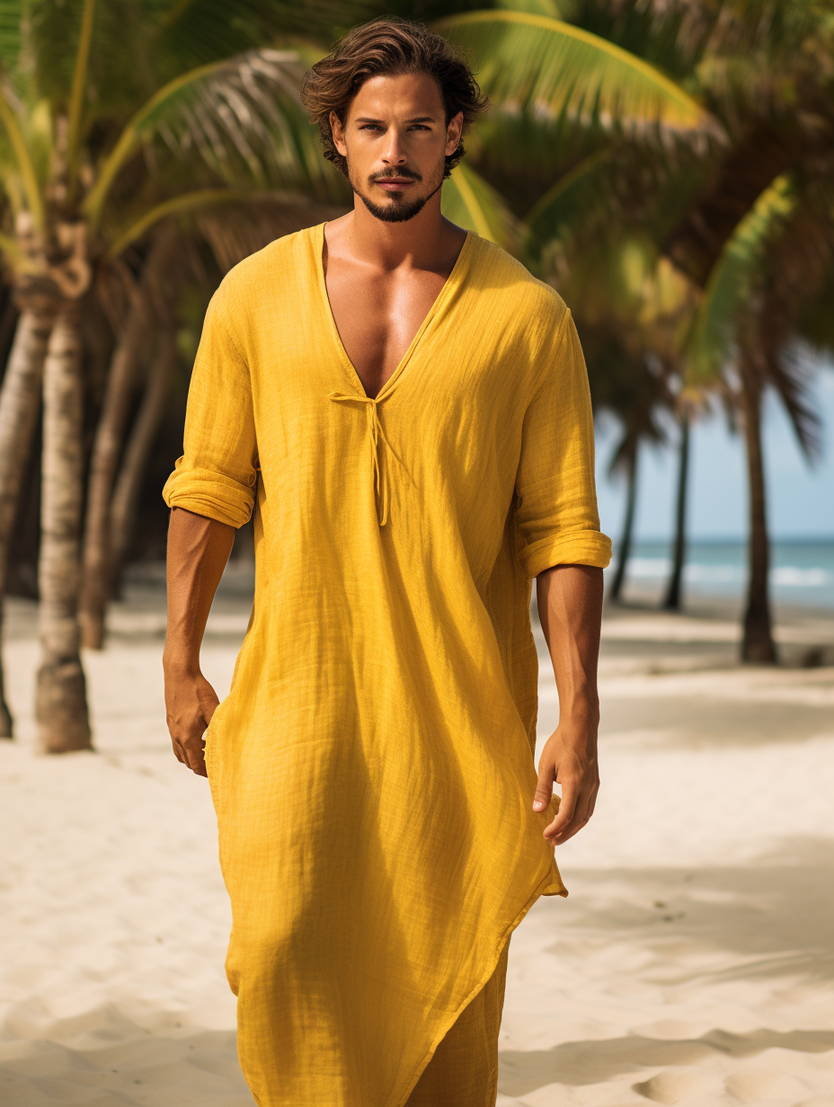 Yellow Men Linen Kaftan Solid Long Caftan