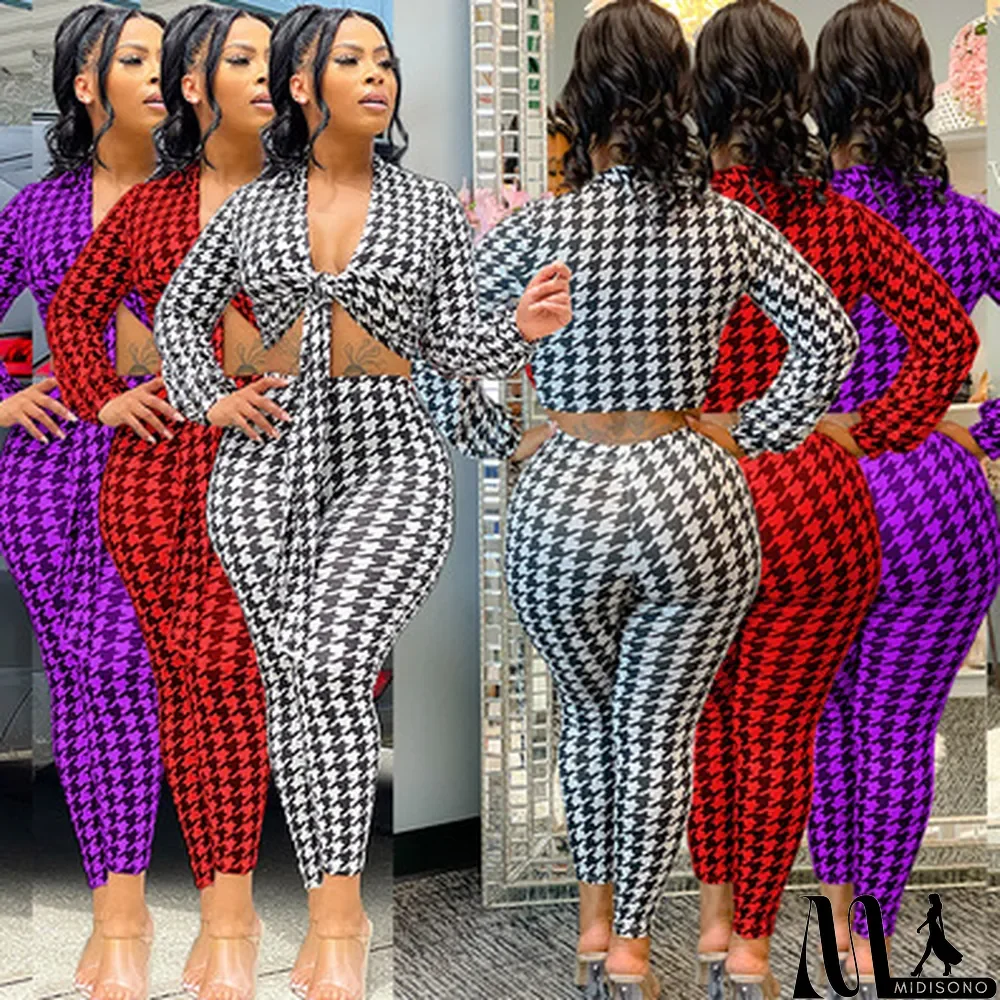 MidiSono - Fashion Casual Sexy Houndstooth Print Strappy Slim Suit