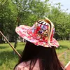 2 in 1 Bamboo Foldable Hand Fan Sun Hat Floral Printed Chinese Style Handheld Foldable Wide Brim Hat for Women Outdoor Beach Travel Accessory