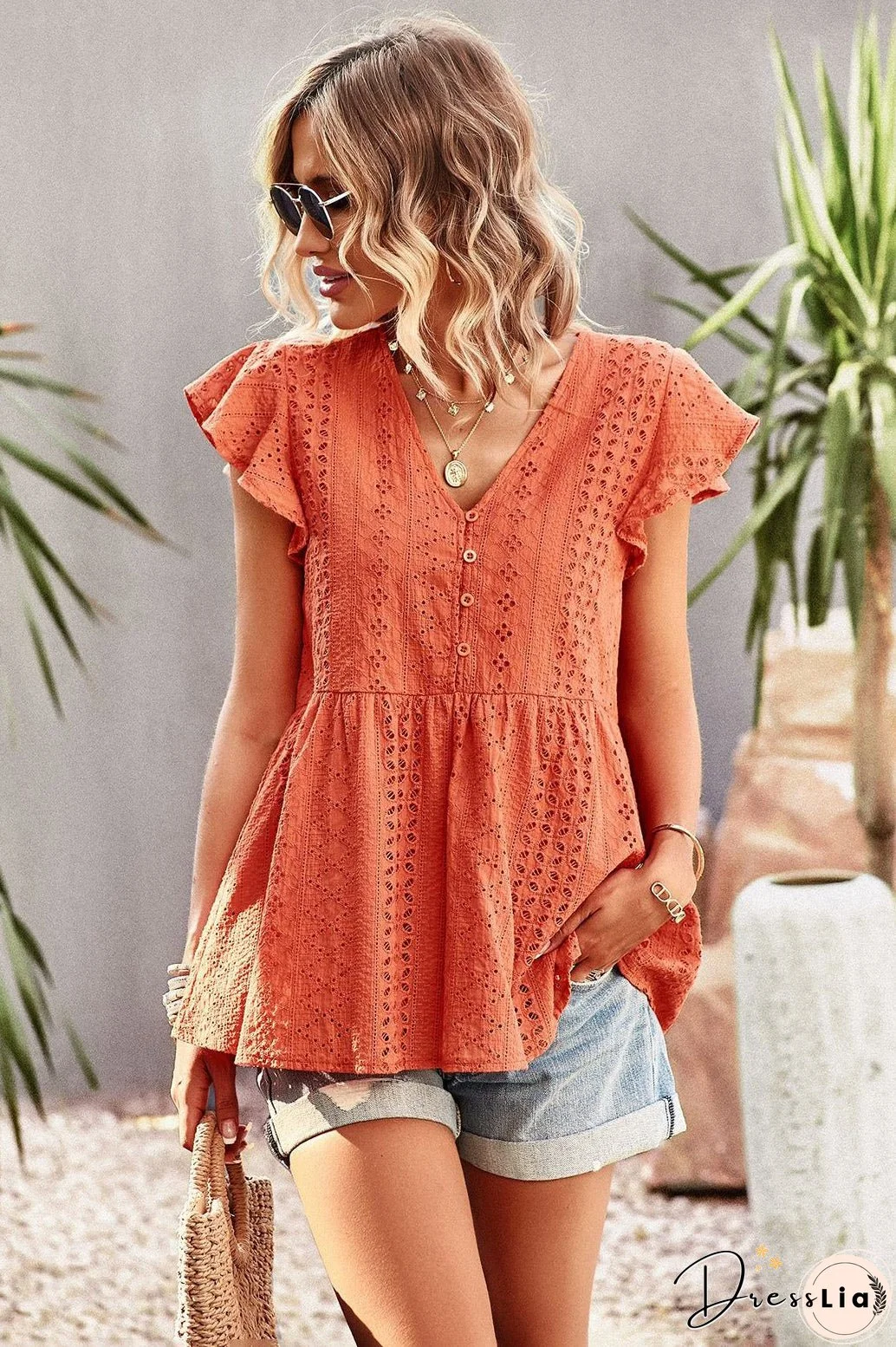 Fuchsia Cap Sleeves Lace V-Neck Blouse