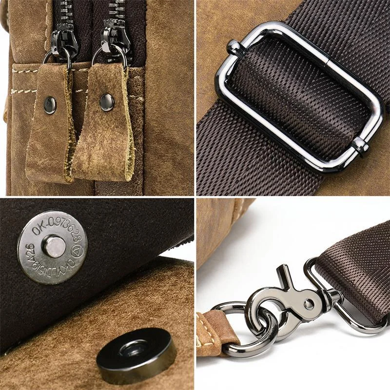 Men's Leather Retro Zipper Casual Crossbody Bag Chest Bag