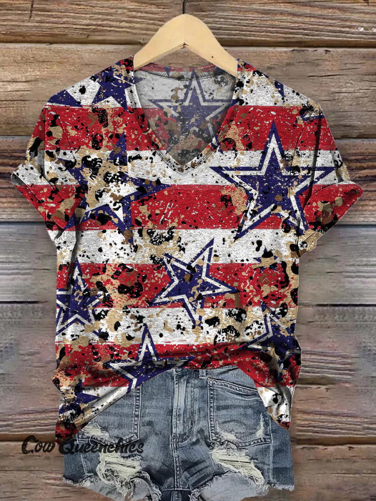 Vintage Star Stripe Leopard Print Casual V-Neck T-Shirt Multicolor / S