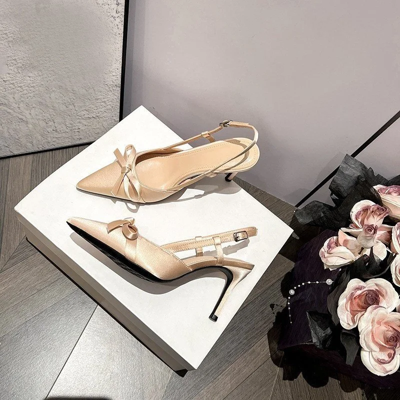 Breakj Breakj And Summer 2025 New Naked Color Bows Fine Heels Women's Silk Satin Sharp Sandals French Temperament Single Shoes