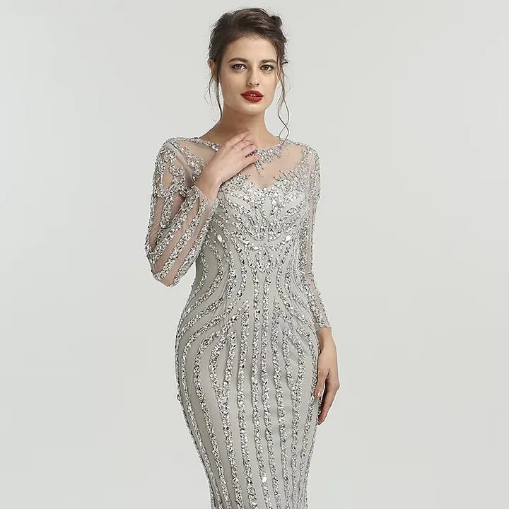 Okdais Grey Luxury Long Sleeves Sparkly Evening Dress Mermaid Sexy Diamond  Beading Formal Dress