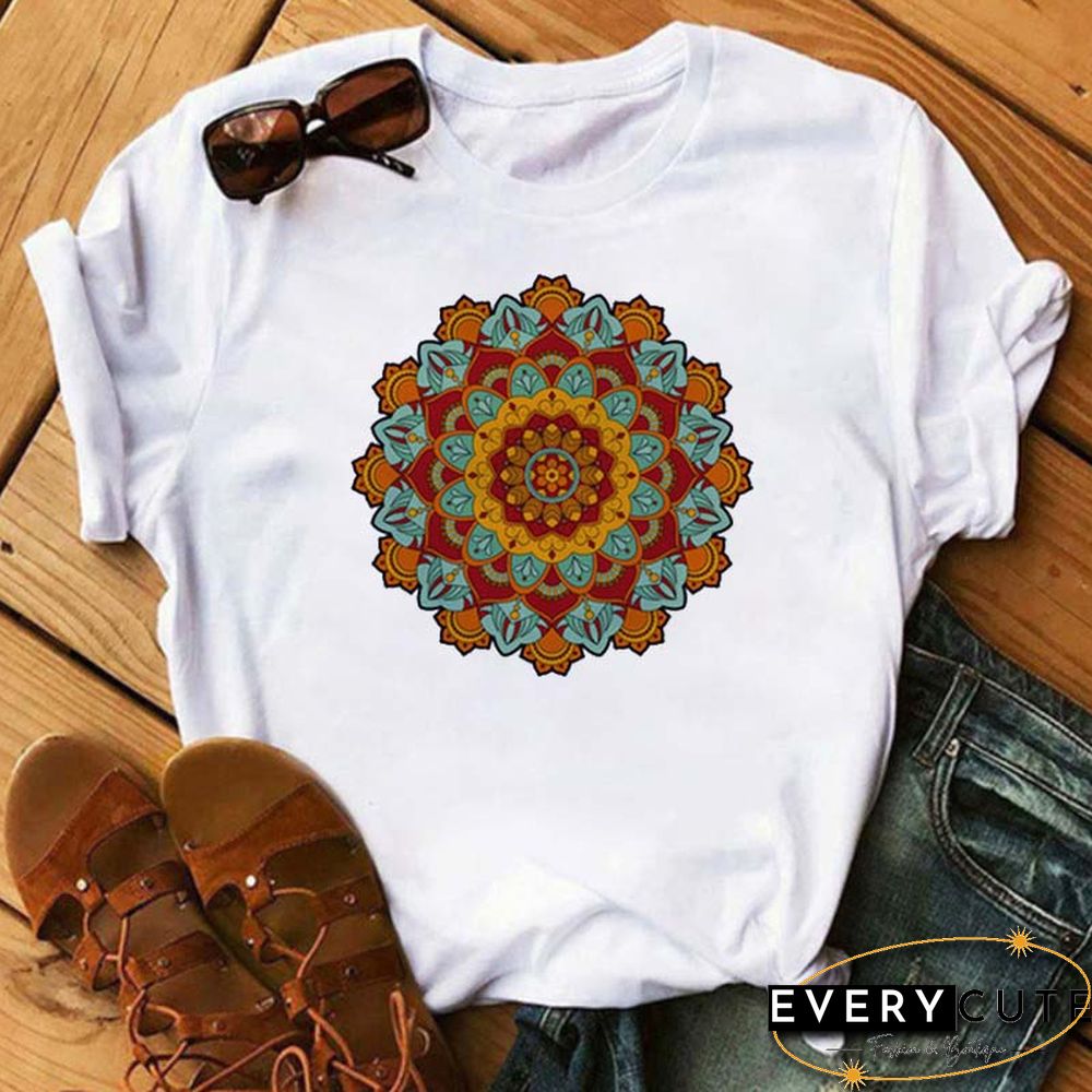 Maycaur New Mandala Floral Printed T Shirt Women Casual Fashion T-shirt Loose Short Sleeve 90s Girls Aesthetics Black Tshirt Top