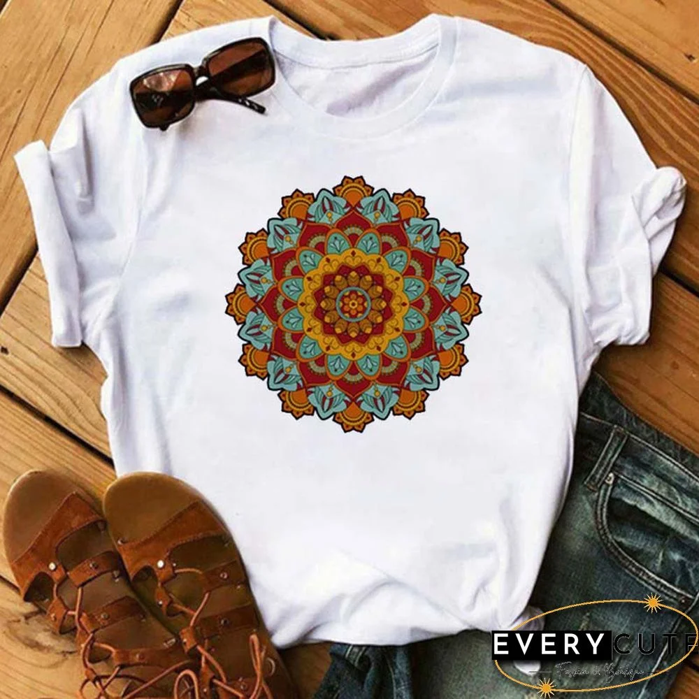 Maycaur New Mandala Floral Printed T Shirt Women Casual Fashion T-shirt Loose Short Sleeve 90s Girls Aesthetics Black Tshirt Top