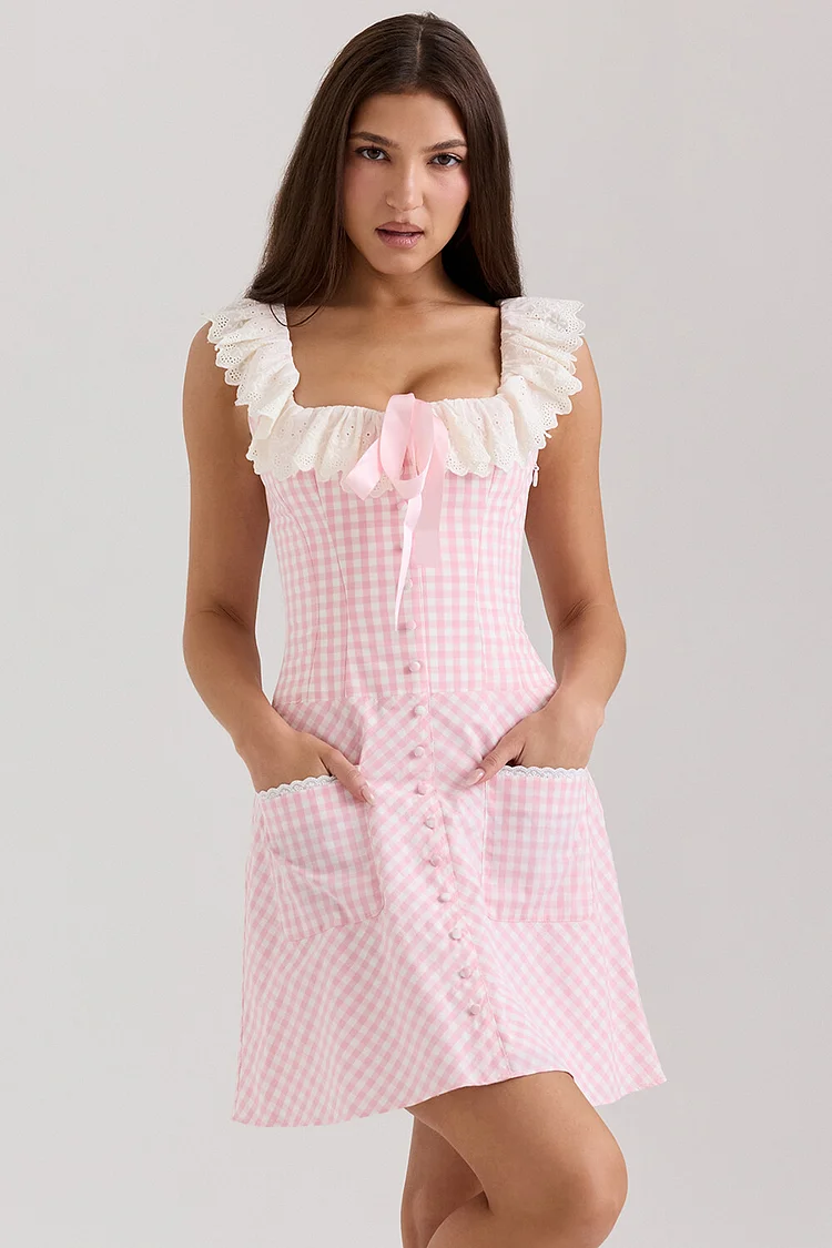 Broderie Anglaise Plaid Print Pocket Sleeveless Mini Dresses-Pink [Pre Order]