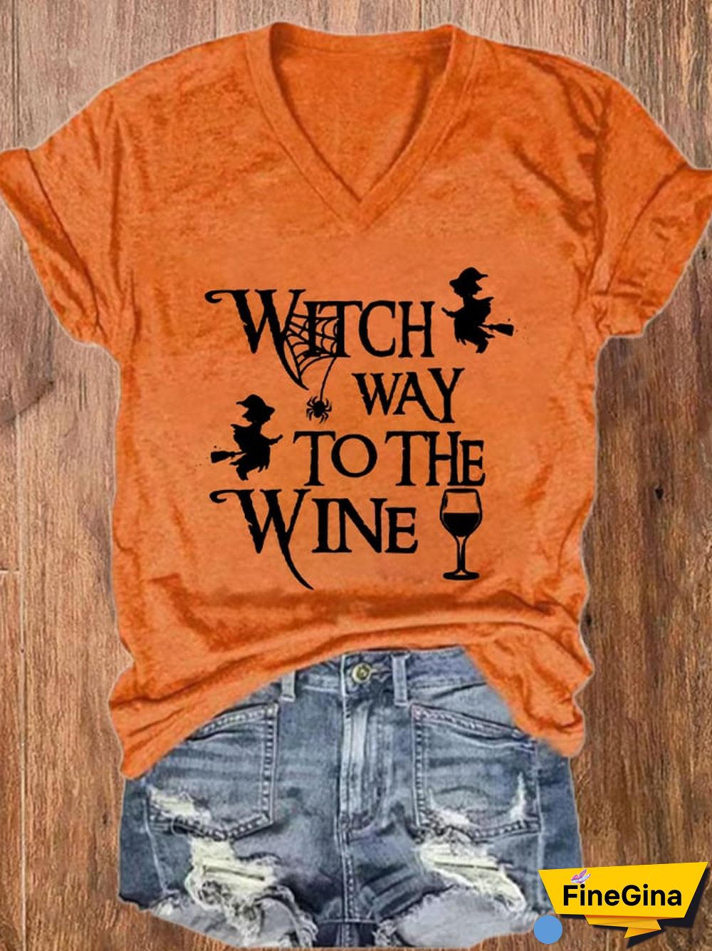 Women's Halloween Witch Way To The Wine Print V-Neck T-Shirt