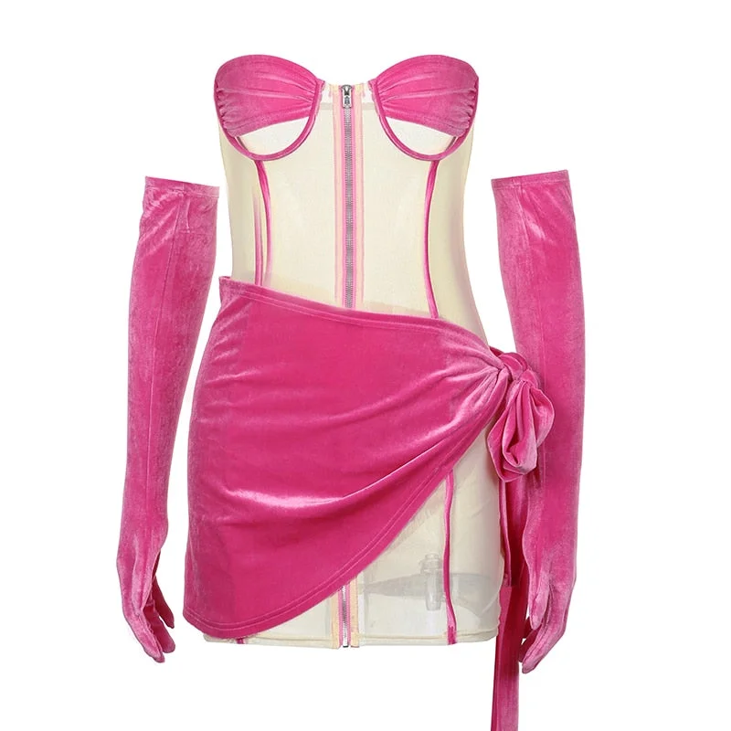 BIIKPIIK Female Clubwear Stitching Wrapped Chest Dress With Golves Sexy Fashion Sheath Mini Party Style Clothing Pink Dresses