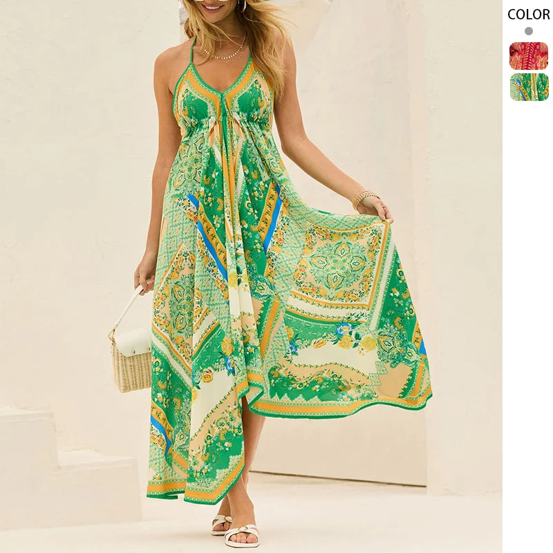 Uveng Uveng New Spring-Summer V-Necked Women's Sling Print Fairy Gas Long Temperament Dress Dress