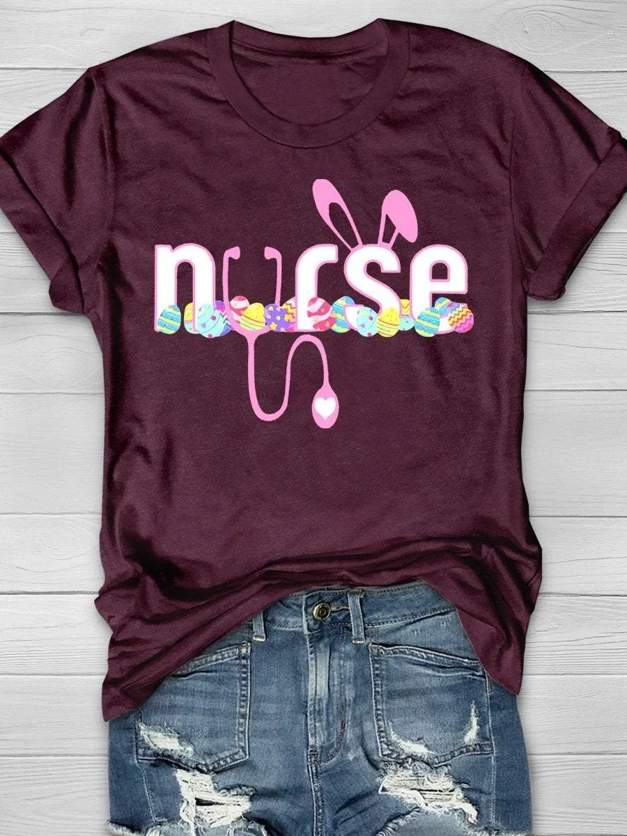 Easter Nurse Rabbit Print Short Sleeve T-shirt