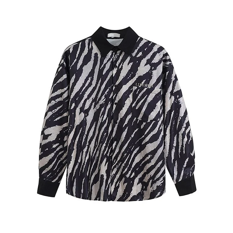 Fashion Loose Lapel Zebra Printed Single-breasted Long Sleeve Shirt   