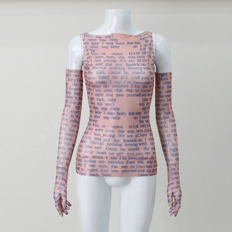 Toloer Mesh Letter Print Sleeveless Top With Gloves-Outfit Ideas