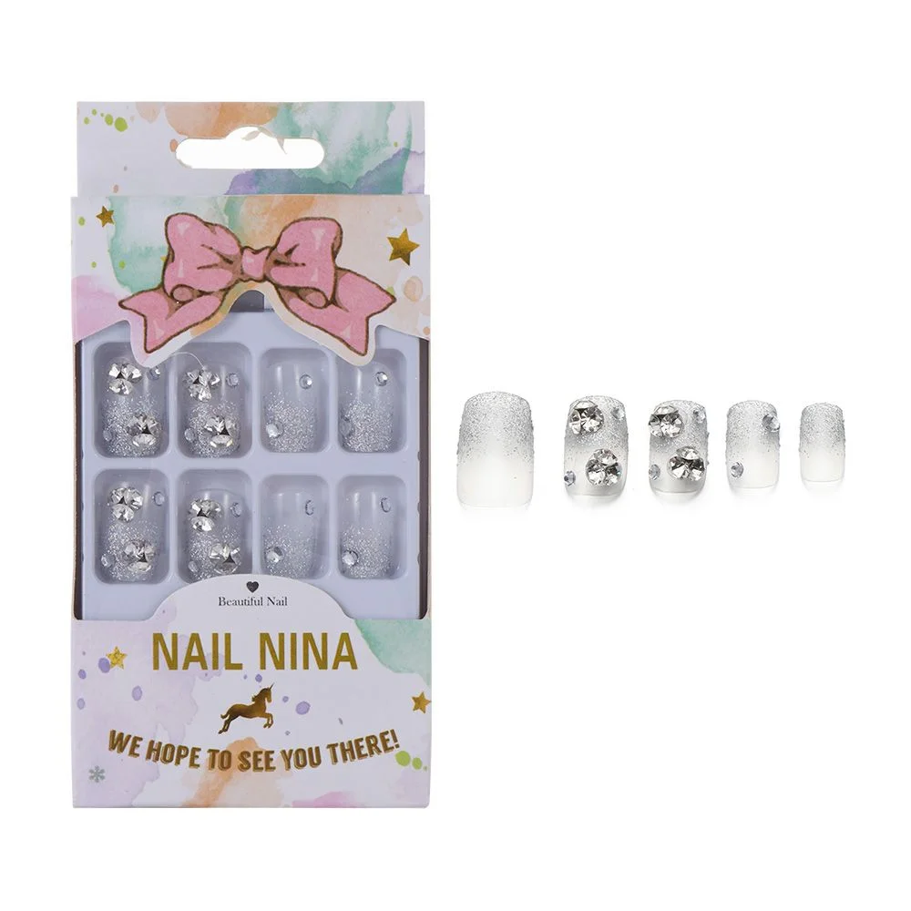 24Pcs Crystal Rhinestone Nail Patch Full Cover Medium Long Coffin Fake Nails Detachable Square French Press On Manicure Tool