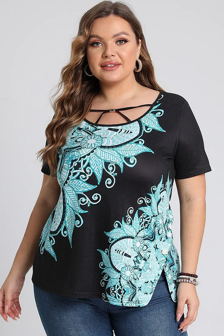 Plus Size Tribal Print Hollow Out Short Sleeve  Loose Decorative Button Casual Blouses  Flycurvy [product_label]