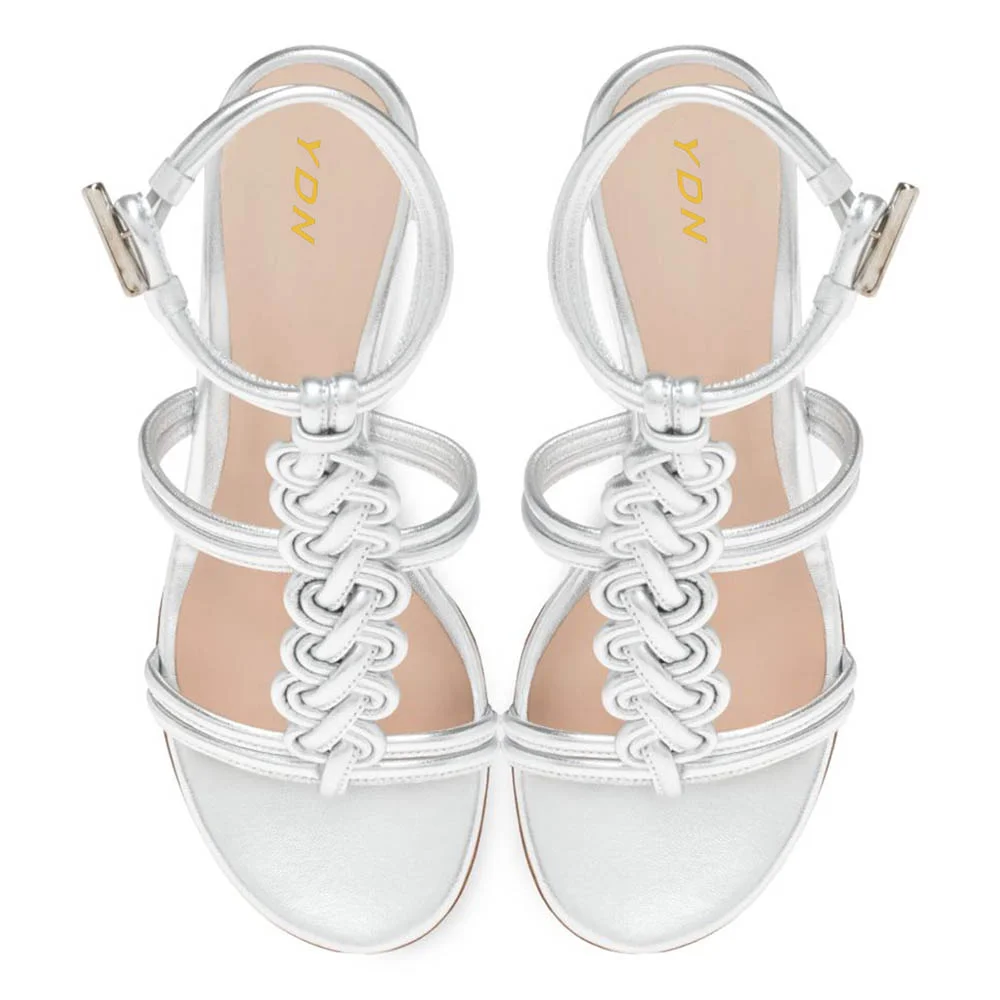 YDN Silver Open Round Toe Braided Trendy Strap Heels Sandals