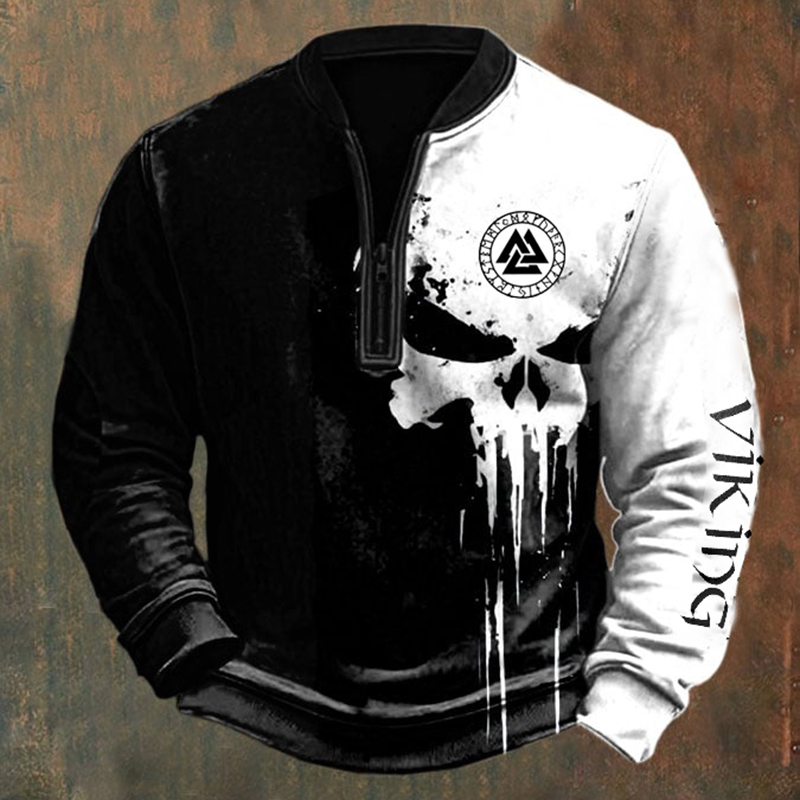 Men's Vintage Viking Skull Print Zip-Up Sweatshirt / Rvogue / Rvogue