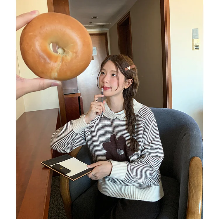 Athvotar Athvotar Autumn And Winter New Korean Casual Small Collar Striped Flower Sweater Women's Loose Long-Sleeved Knitting Top