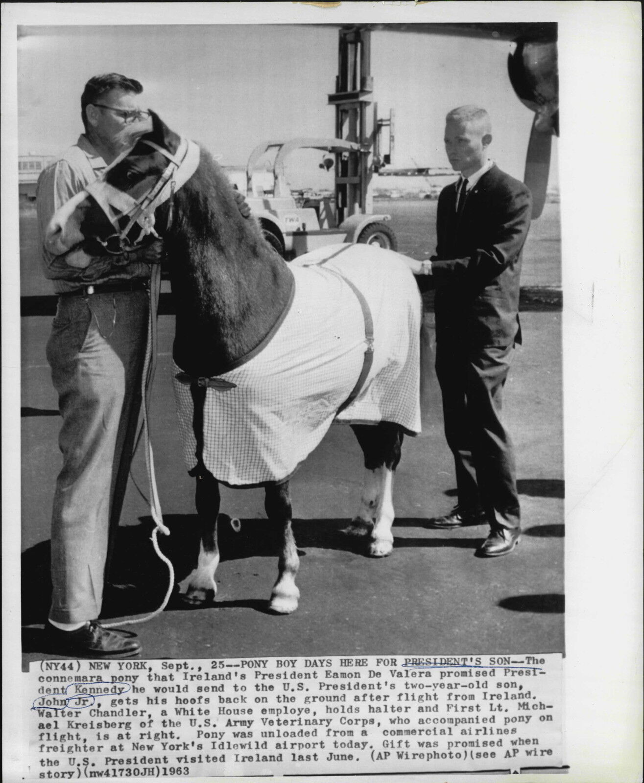 1963 John Kennedy Jr Pony Arrives from Ireland Press Photo Poster painting