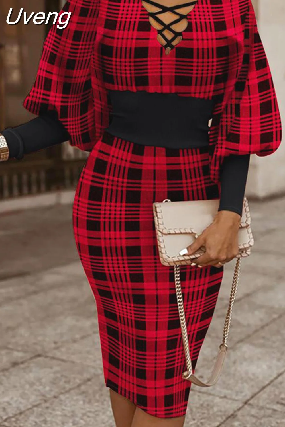 Uveng Fashion Printed Lantern Sleeve Dress Women Office Ladies Elegant V-Neck Long Sleeve Slim Dress Women