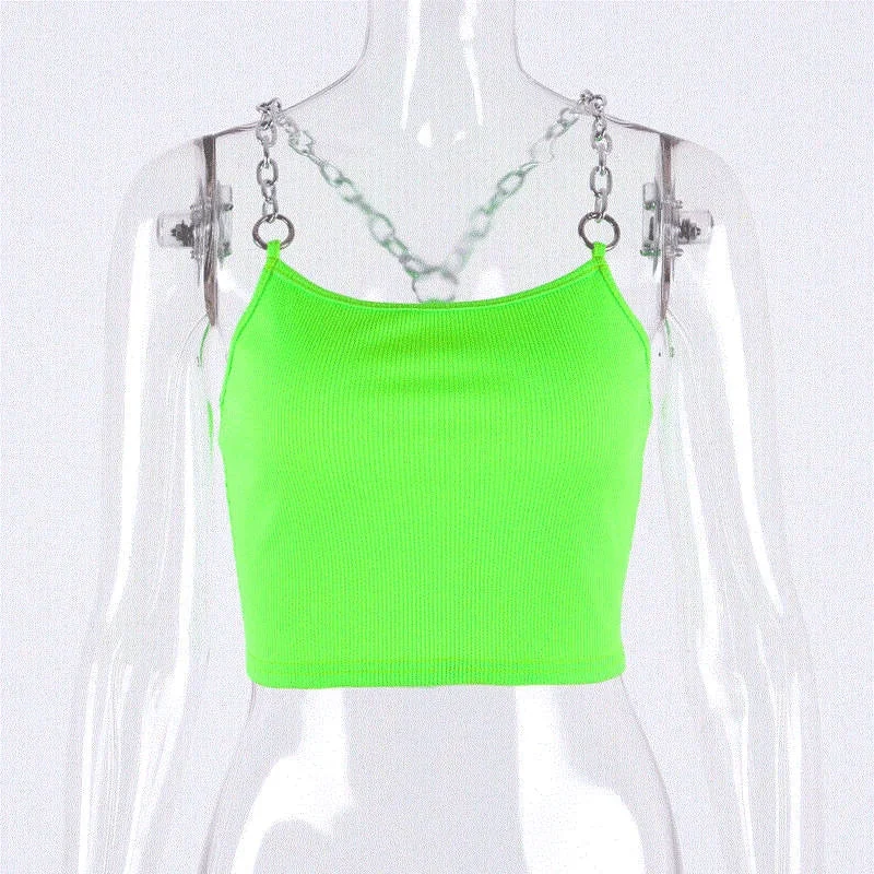 Hugcitar chains spaghetti straps neon green Canale patchwork sexy camis 2021 summer women club party streetwear female crop top