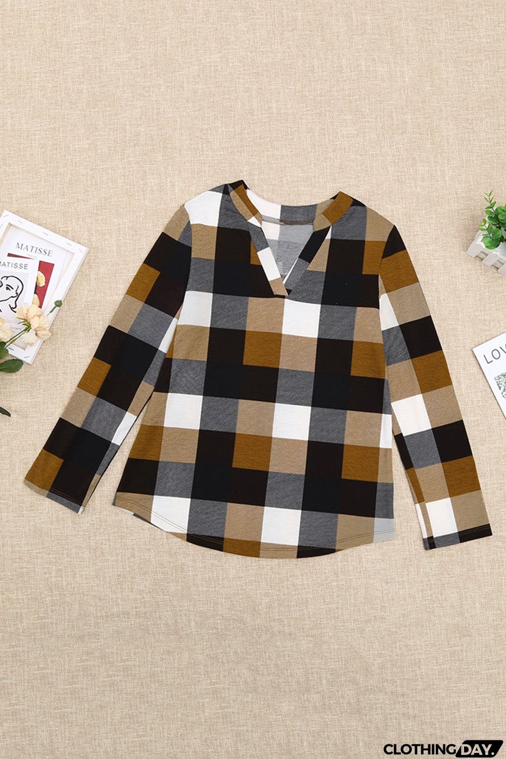 Contrast Plaid V Neck Long Sleeve Top