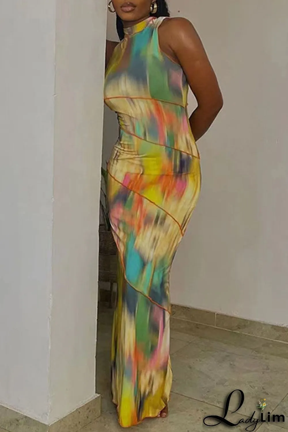 Colour Sexy Print Patchwork O Neck One Step Skirt Dresses
