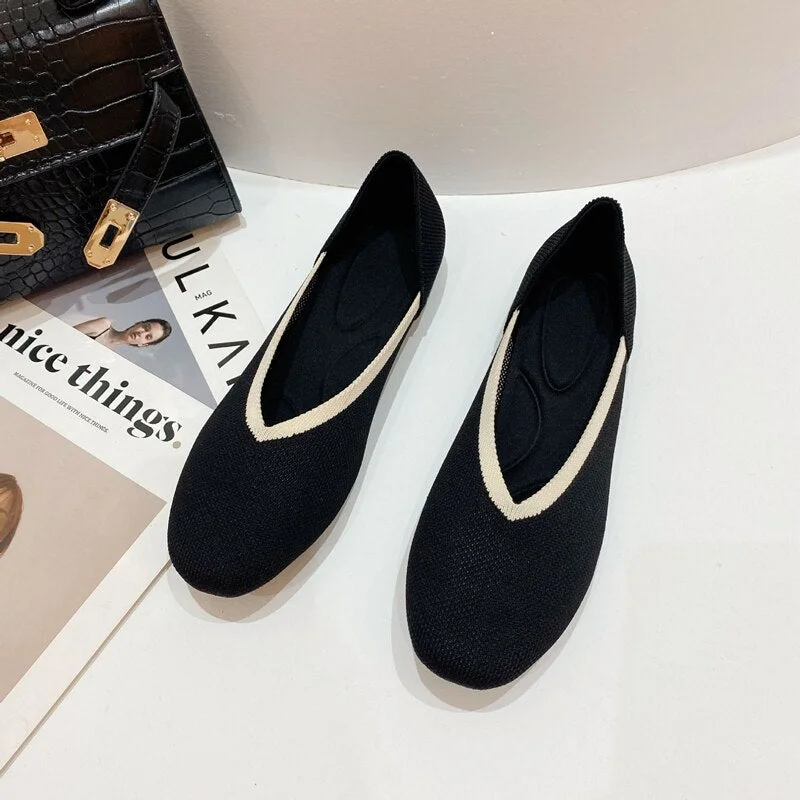 Women Shoes 2022 Bowknot flat Shoes Soft Pregnant Scoop Shoes Square Head Knitted Shoes Tide Girl Peas Shoes Female Ballet Shoes