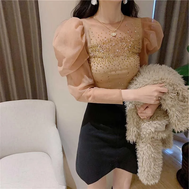 Rhinestone Women Organza Tops Puff sleeve Round neck Female Blouse Luxury Court style Crop tops Shirt Spring NKEO