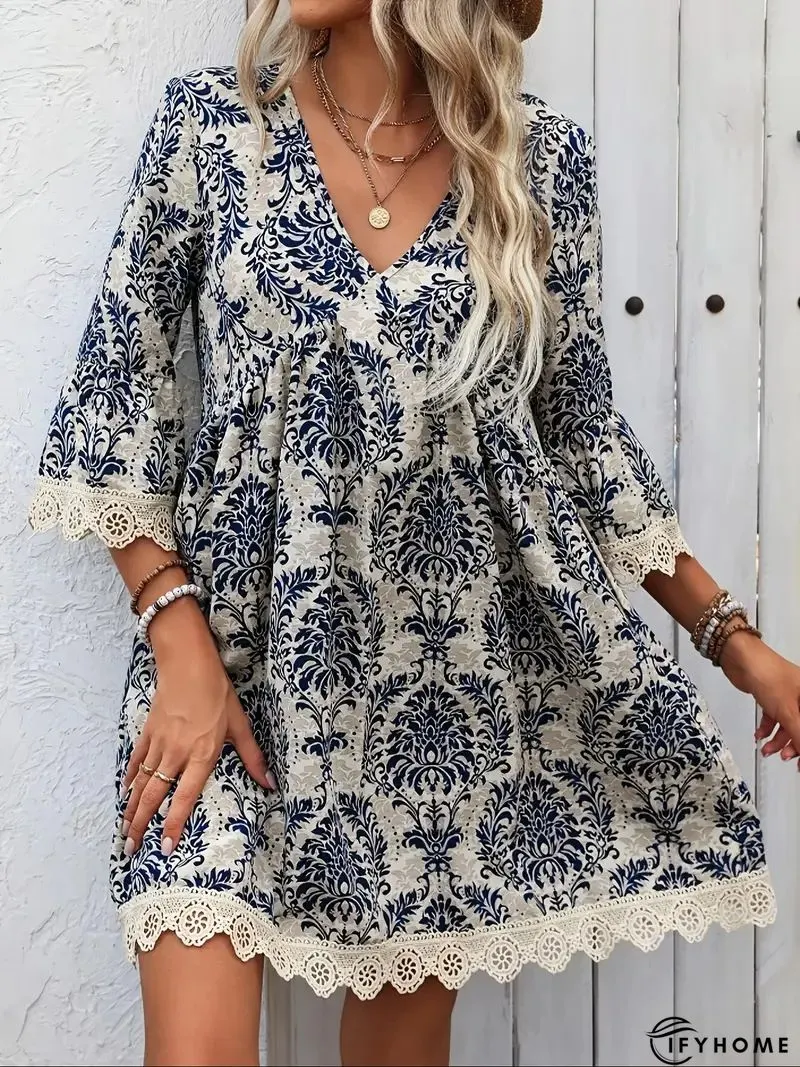Vintage Boho Geometric Printed Crew Neck Long Sleeve Plus Size Casual Knitting Dress | IFYHOME