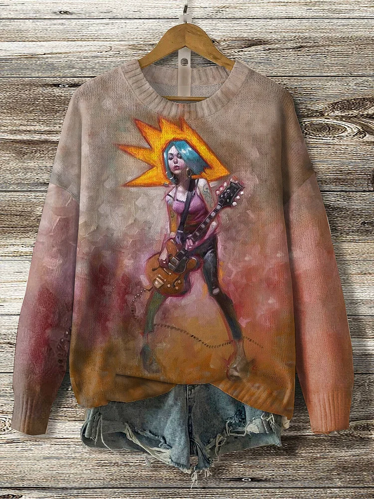 Women's Punk Girl Guitar Player Fun Art Print Knit Sweatshirt