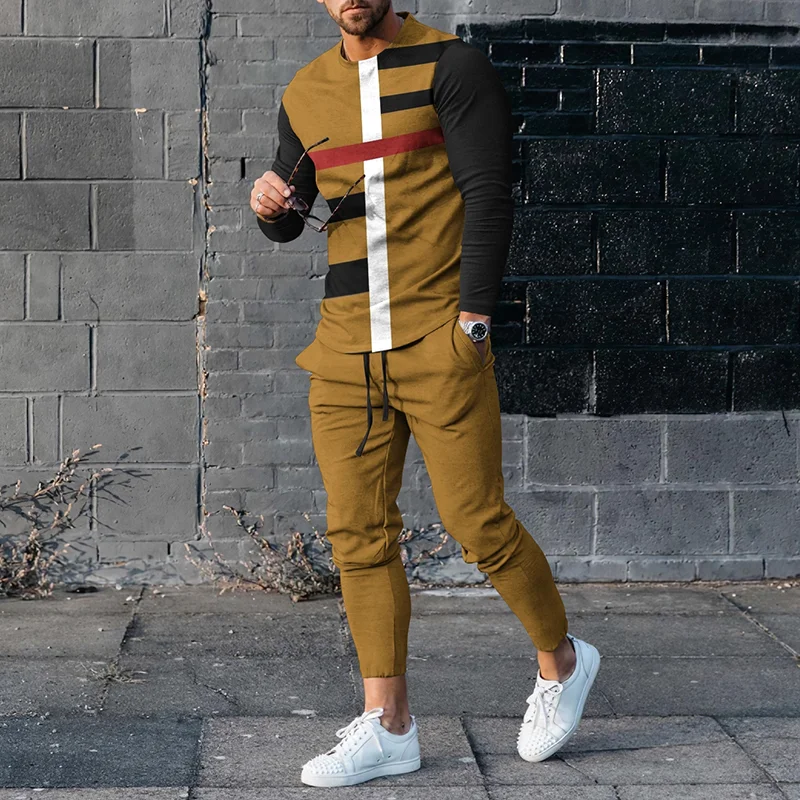 Men's  Multi-Color Line Casual Long Sleeve T-Shirt And Pants Co-Ord