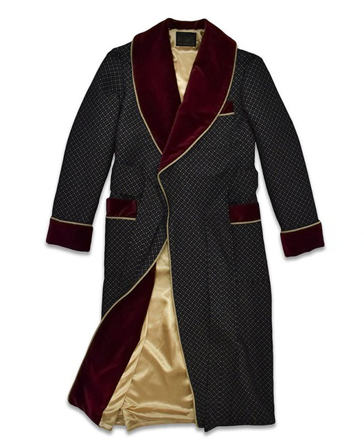 Retro Velvet Splicing Shawl Lapel Pockets Argyle Pattern Robe Coat