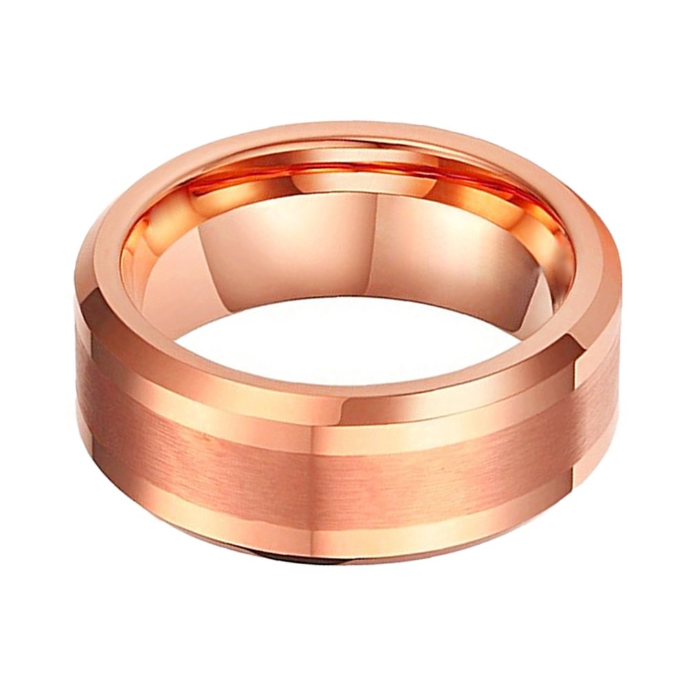 8MM Rose Gold Center Brushed Tungsten Carbide Men Ring Polished Bevel Edge
