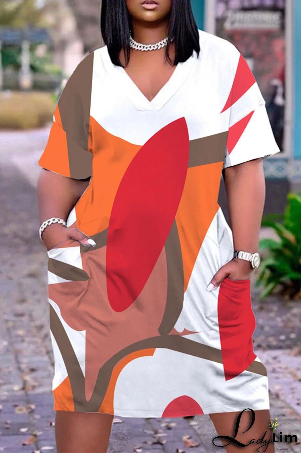 Blue Fashion Casual Print Patchwork V Neck Short Sleeve Dress