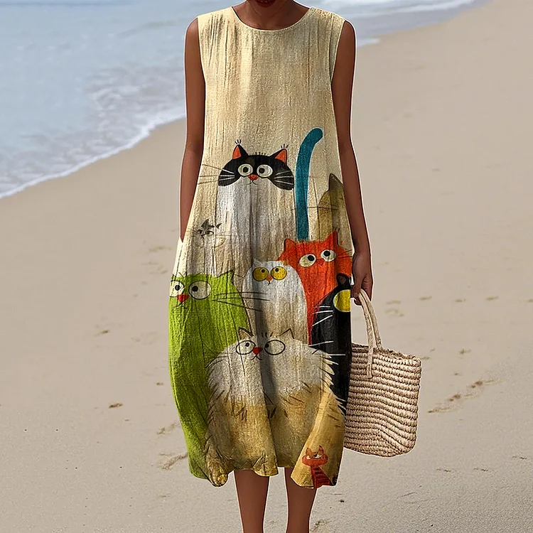 Simpfit Ärmelloses Vintage-Kleid mit buntem Katzen-Kunstdruck für Damen